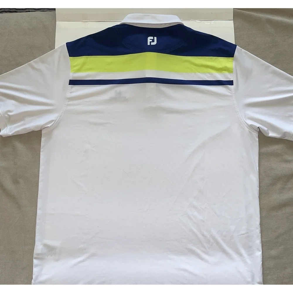 Foot Joy FJ Golf Polo Shirt Mens XL White Blue Green Stretch‎ W/Black Hawk Logo